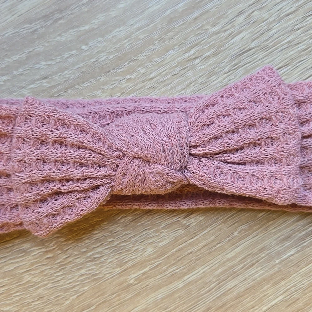Boho Baby Girl Waffle Knit Bowknot Headband Dusty Rose Soft Elastic Hairband